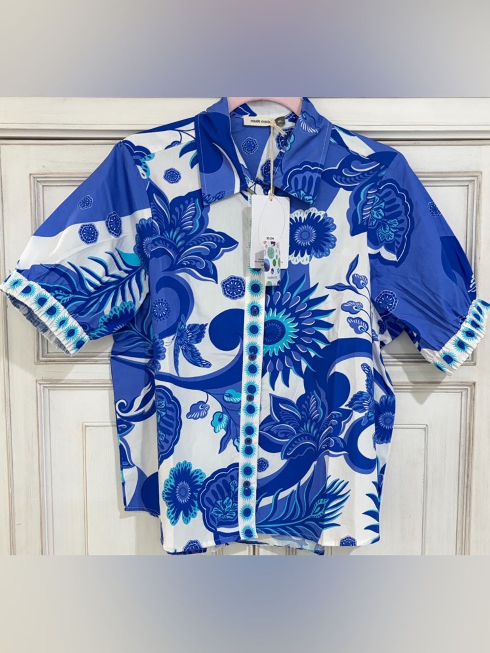 NWT SZ XL Maude Vivante Blue Floral Button-Up Shirt puff sleeves